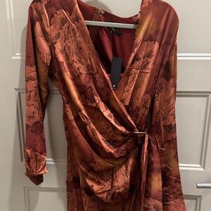 Lulu's Floral Wrap Mini Dress in Rust and Brown